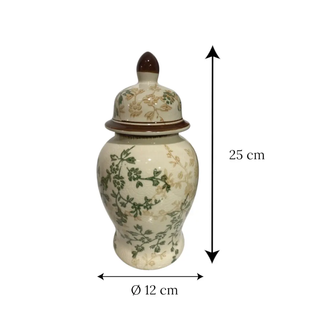 Jarrón Tibor de Cerámica Beige/Verde Musgo. Ø12cm x 25cm