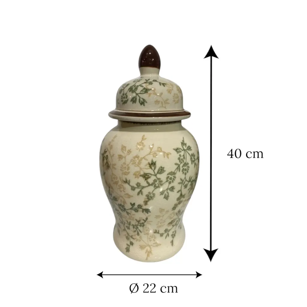 Jarrón Tibor de Cerámica Beige/Verde Musgo. Ø12cm x 25cm