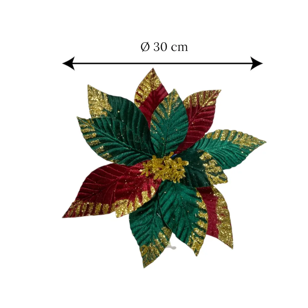 Flor Navideña Artf. Verde con Rojo de Terciopelo. Ref:ES29984 (Ø30cm/L30cm)