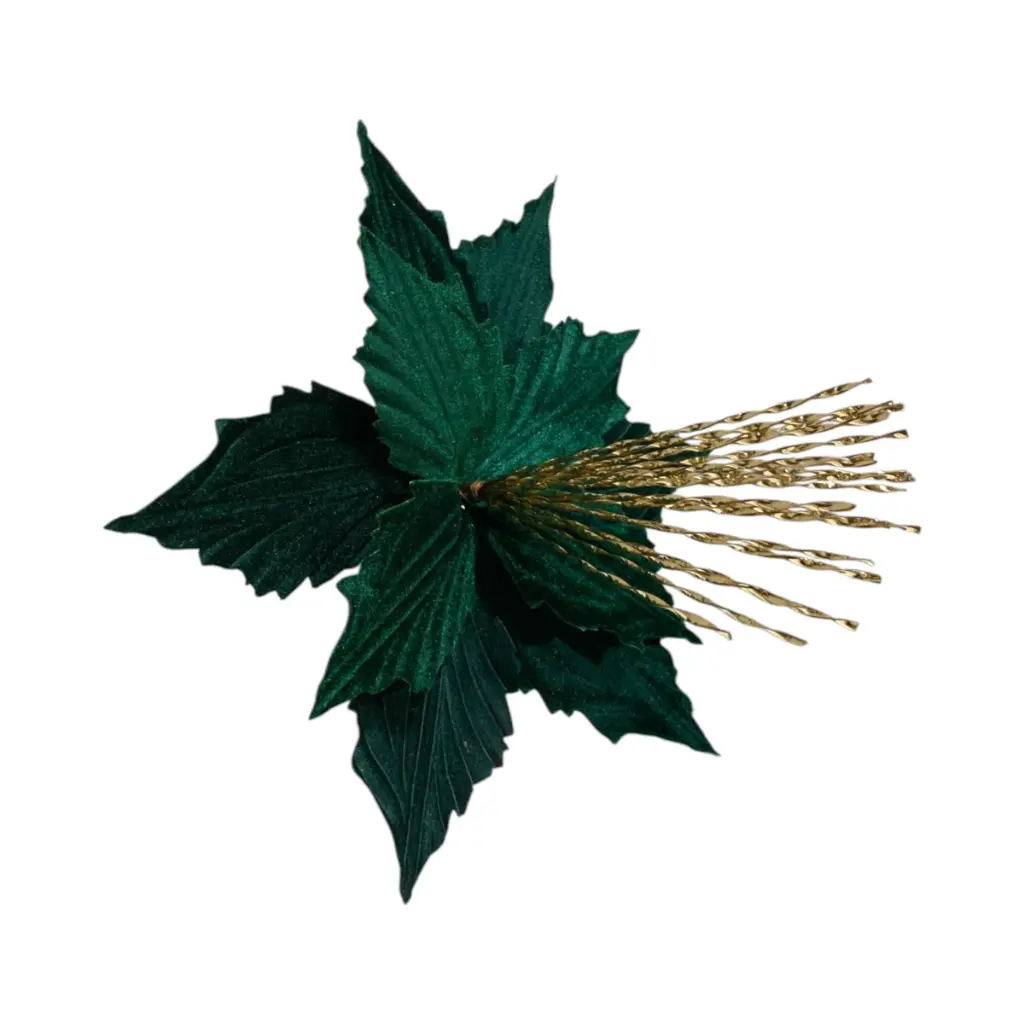 Flor Navideña Ponsetia Verde Terciopelo con mechas doradas, Ref:ES29952. (Ø28cm x 37cm)