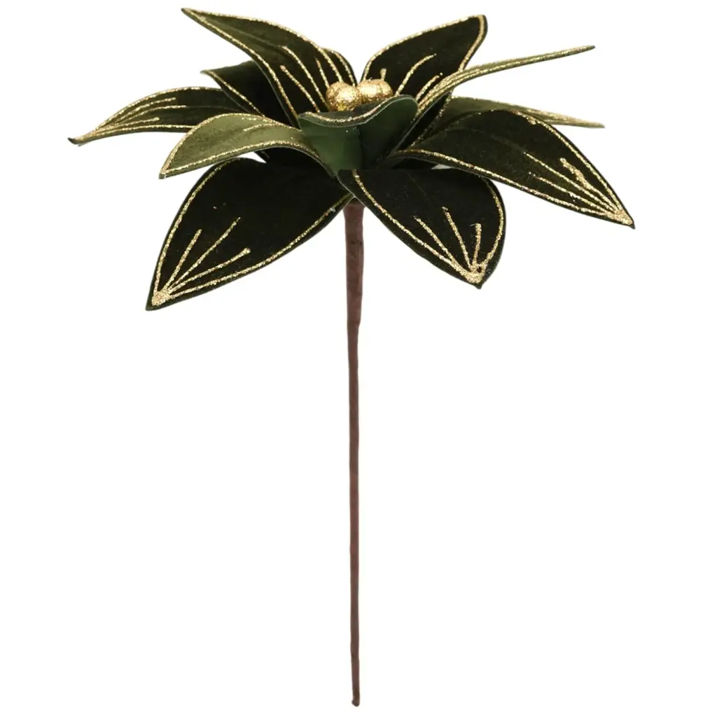 Flor Navideña Terciopelo, Otoño Verde con dorado. Ref:FD-5657 (30x29Cm)