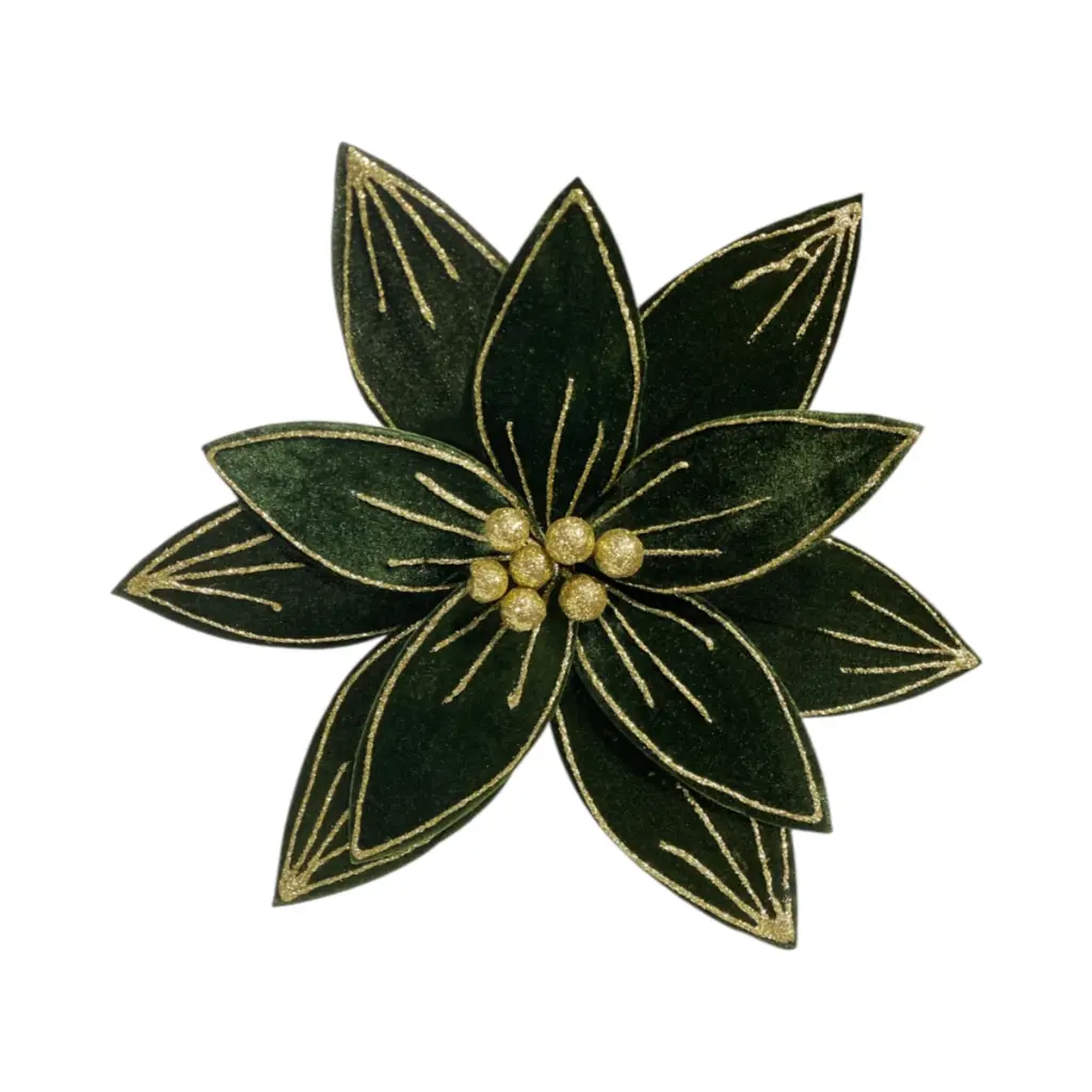 Flor Navideña Terciopelo, Otoño Verde con dorado. Ref:FD-5657 (30x29Cm)