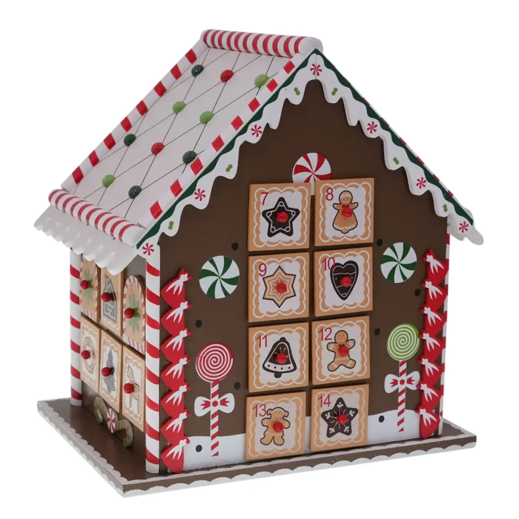 Calendario de Adviento de Madera con diseño de casita de jengibre. Ref:ES29324. (25x19x28cm)