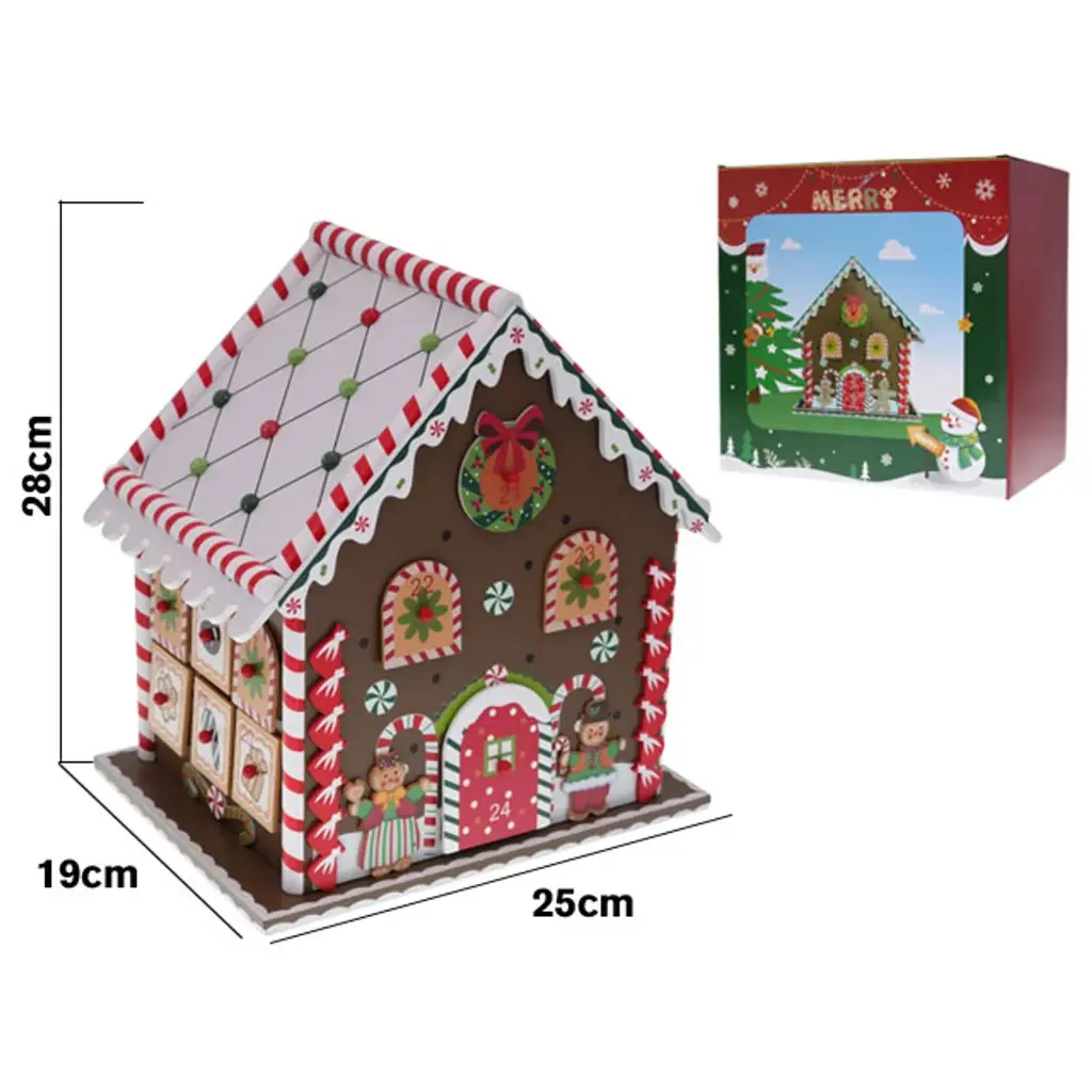 Calendario de Adviento de Madera con diseño de casita de jengibre. Ref:ES29324. (25x19x28cm)