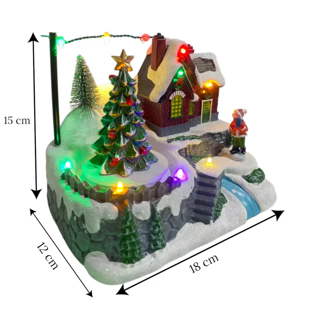 Casita Navideña, escena árbol giratorio, musical y luces led. Ref:ES29007 (18x12x15cm)