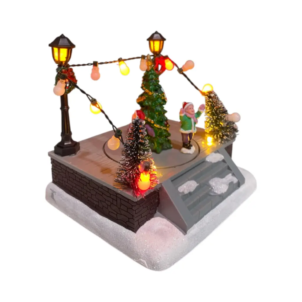Escena Navideña pista de patinaje con arbol. Luz led y musical. USB. Ref:ES29008 (14x13x12cm)