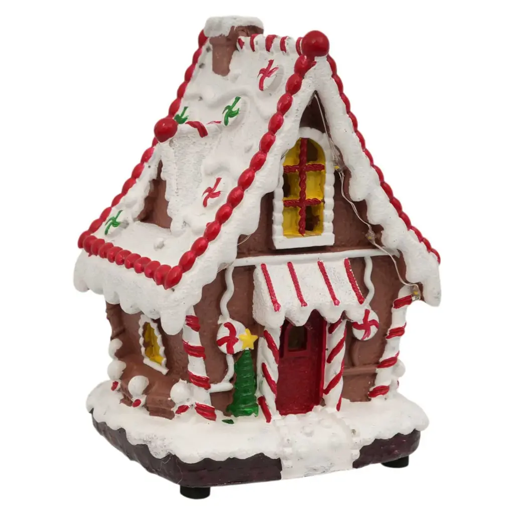 Casa Navideña Candy poliresina, con luz led y musica. USB. Ref:ES29009 (11.5x10x15.5cm)