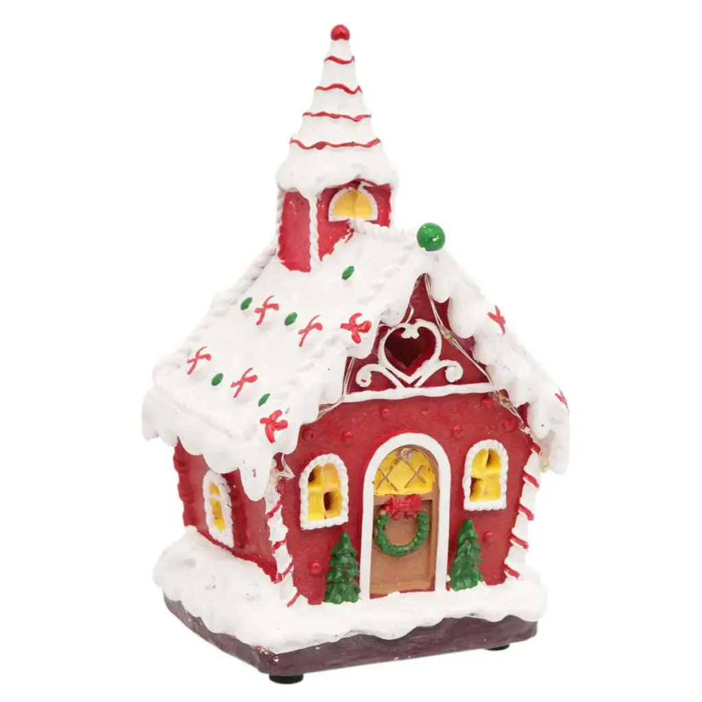 Casa Navideña Candy poliresina, con luz led y musica. USB. Ref:ES29009 (11.5x10x15.5cm)