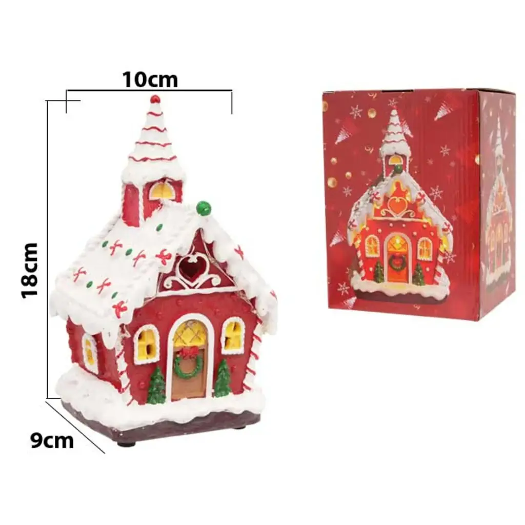 Casa Navideña Candy poliresina, con luz led y musica. USB. Ref:ES29009 (11.5x10x15.5cm)