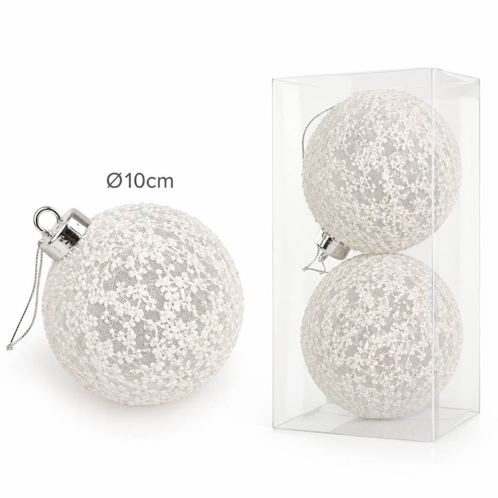 Esfera Navideña Blanca Ø10cm, set x 2pcs. Ref:ES30887