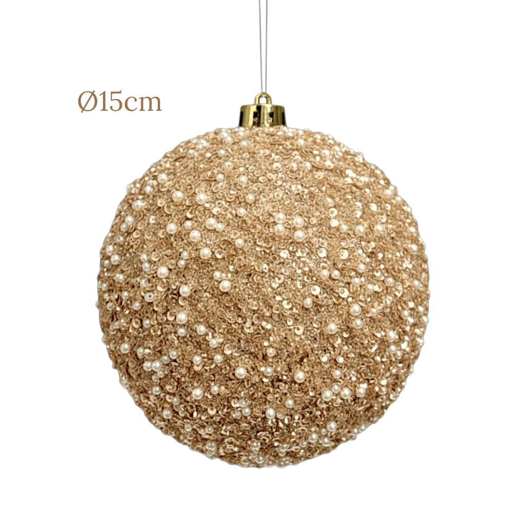 Esfera Navideña Champagne Ø15cm con perlas y lentejuelas. Ref:ES26681 