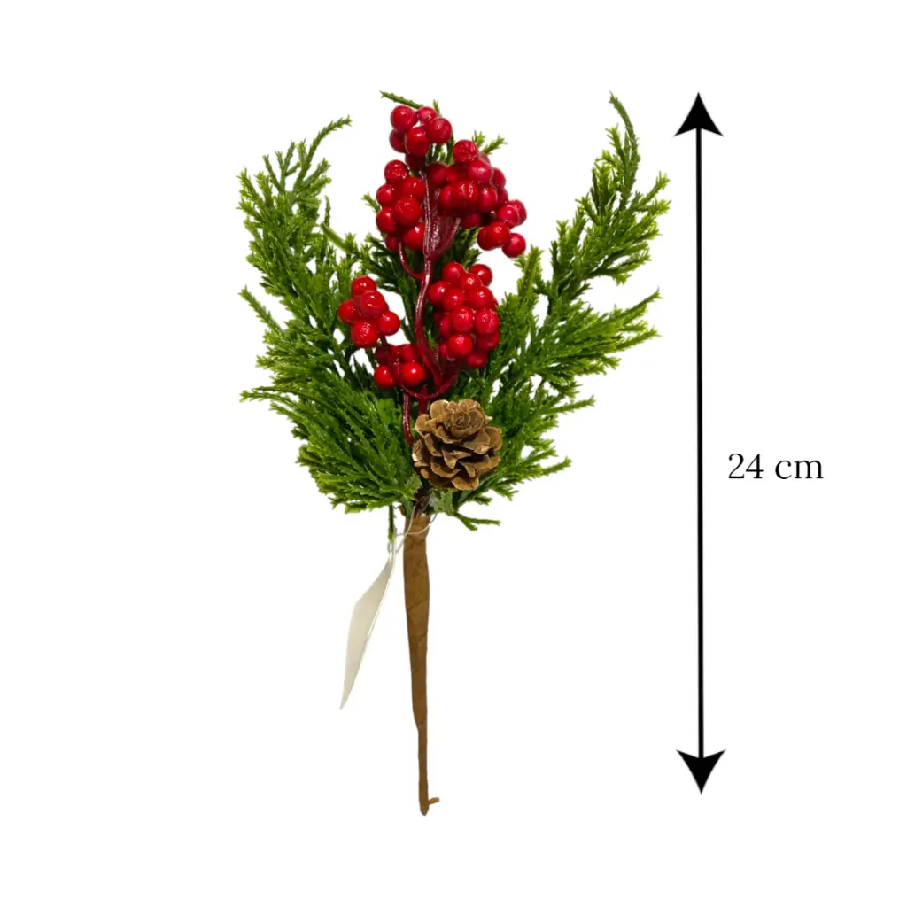 Pincho navideño pino con bayas rojas y piña. 24cm
