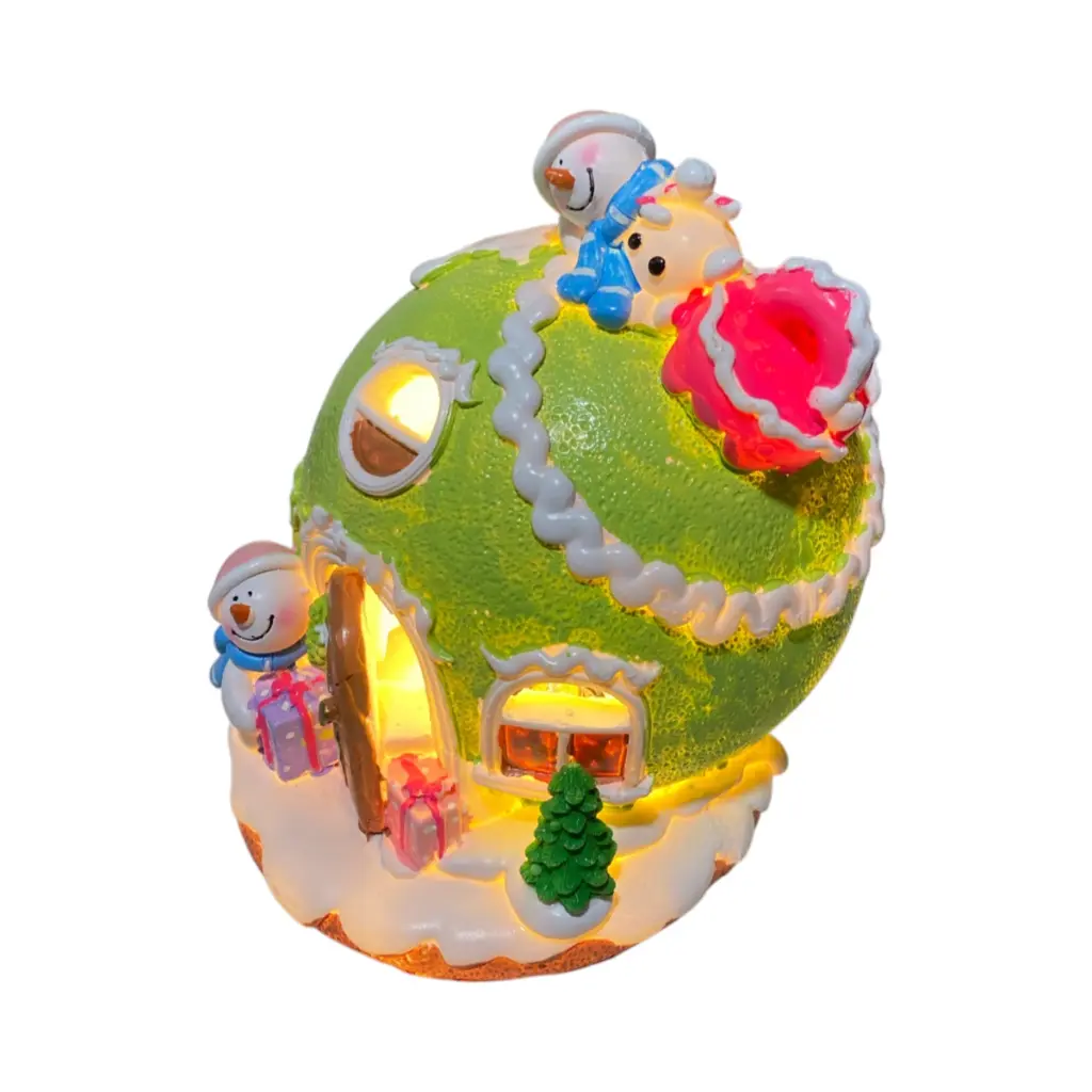 Casa Navideña Bombillo colores pasteles, poliresina, con luz led y musica. 3pilas "AAA". Ø15x18cm