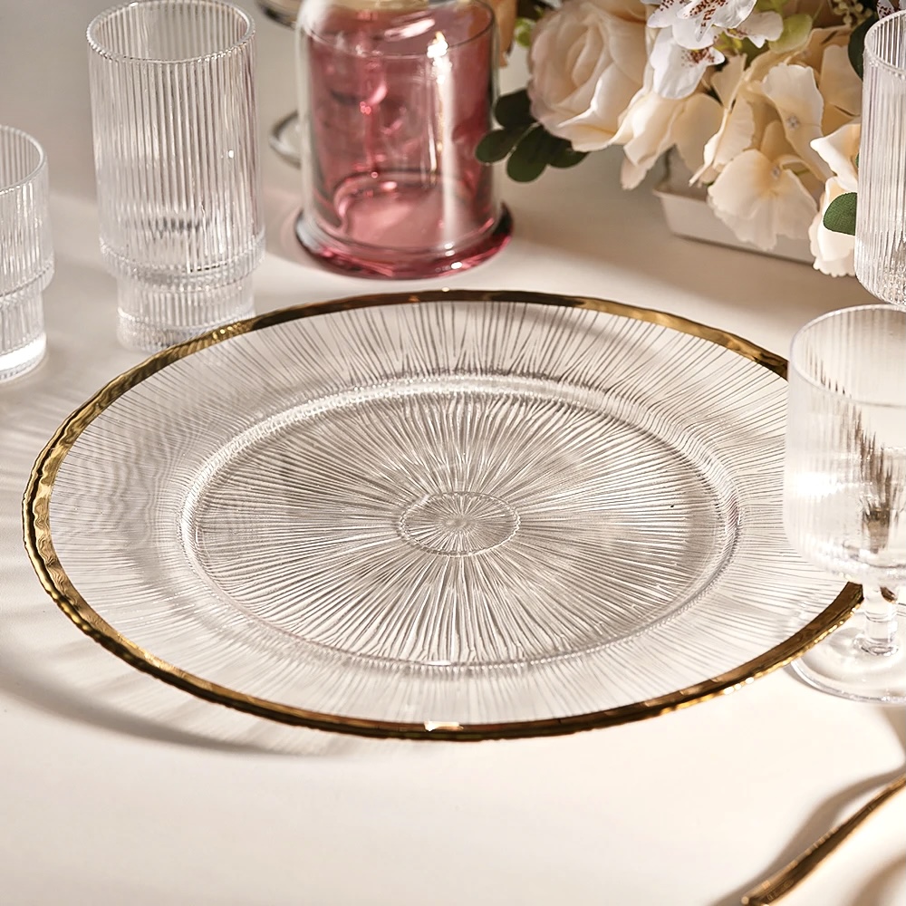 PLATO BASE DE CRISTAL TRASNPARENTE FILO DORADO