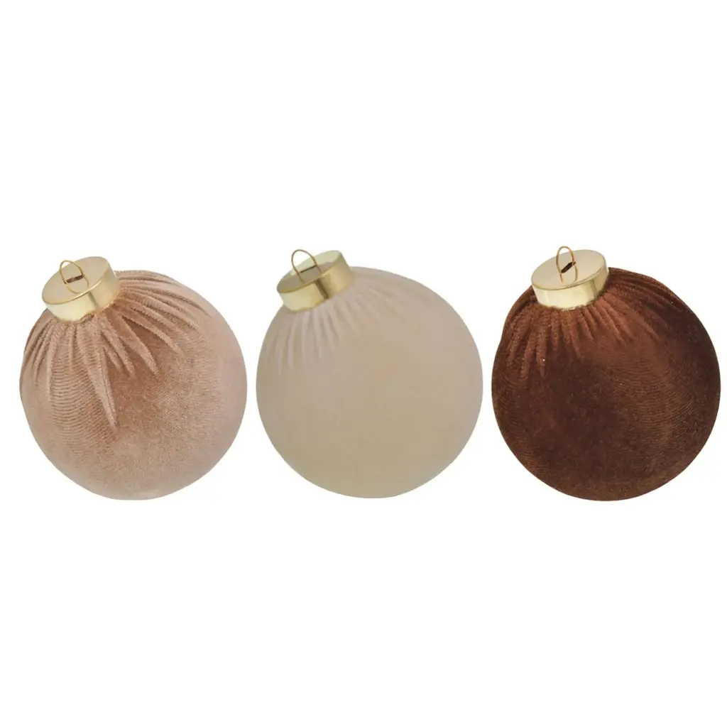 ESFERA NAVIDAD, BEIGE/CAFE GAMUZADAS X12PZS. REF:ES26670 32X24X8CM Ø8CM
