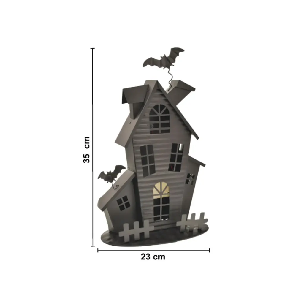 CASA HALLOWEEN NEGRA METALICA CON LUZ LED, REF:TGA80079. 23X12X35CM