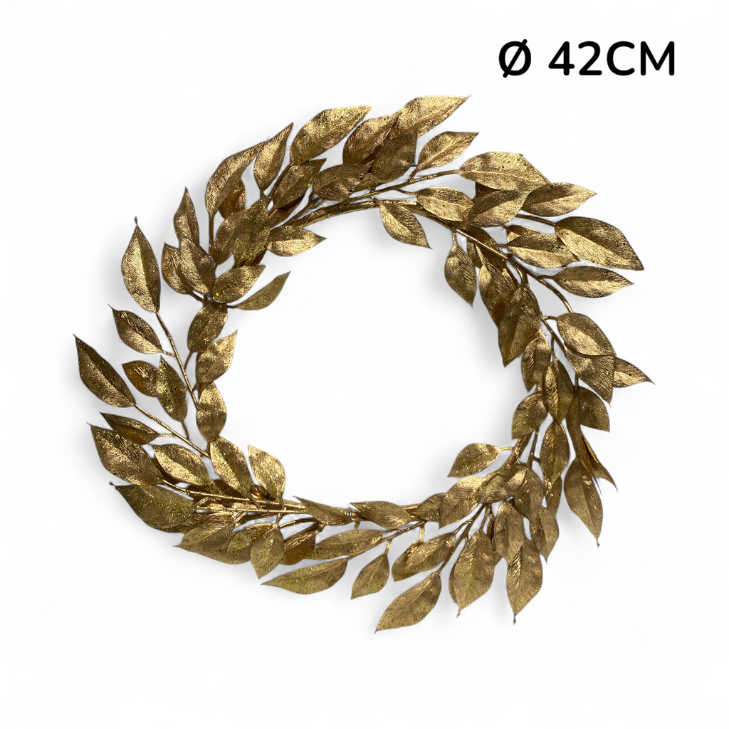 CORONA NAVIDEÑA, DORADA HOJAS DE EUCALIPTO, REF:HM0403/C45579-18"G.  42CM