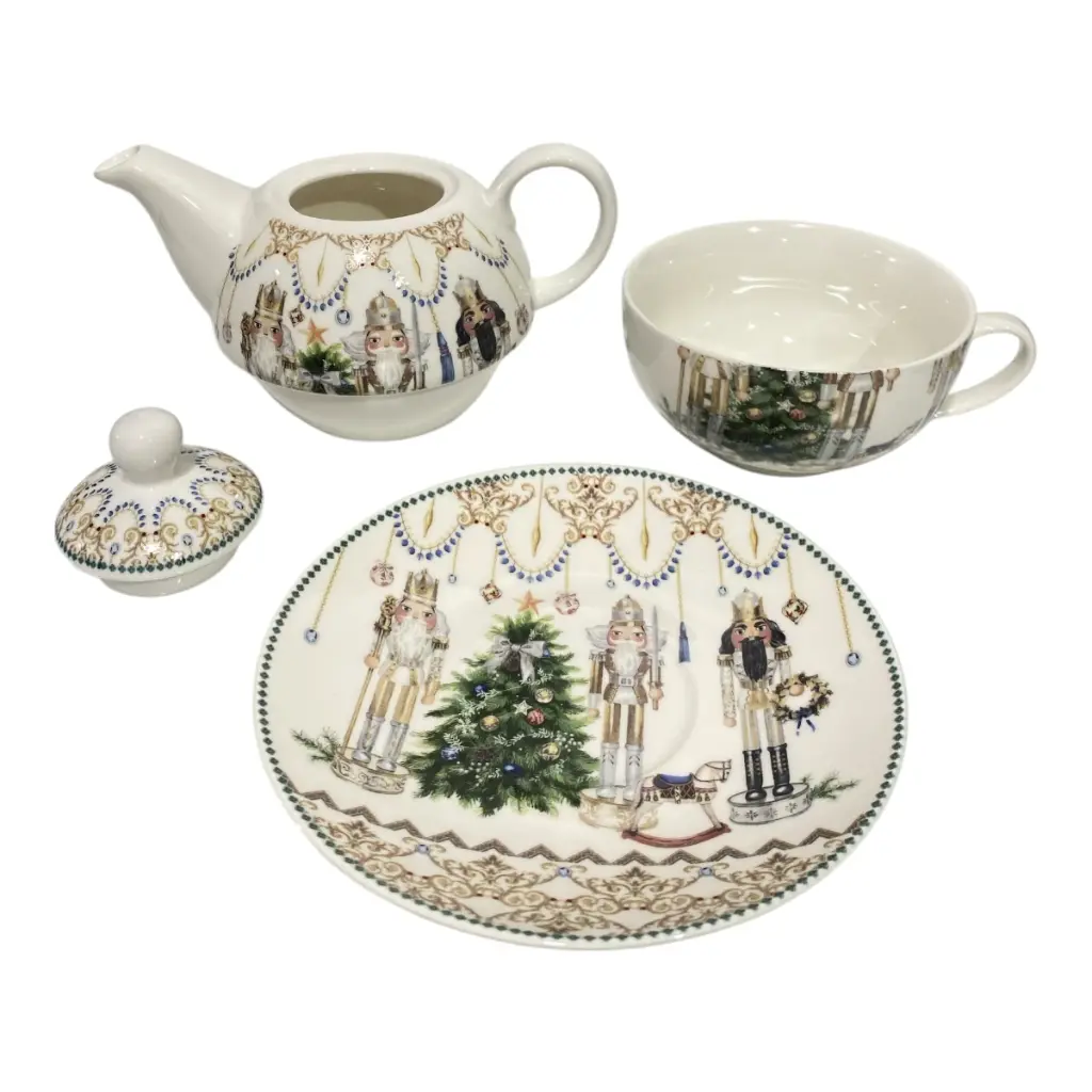 TETERA CON TAZA Y PLATO CASCANUEZ SETX3PZS. PORCELANA15X15CM