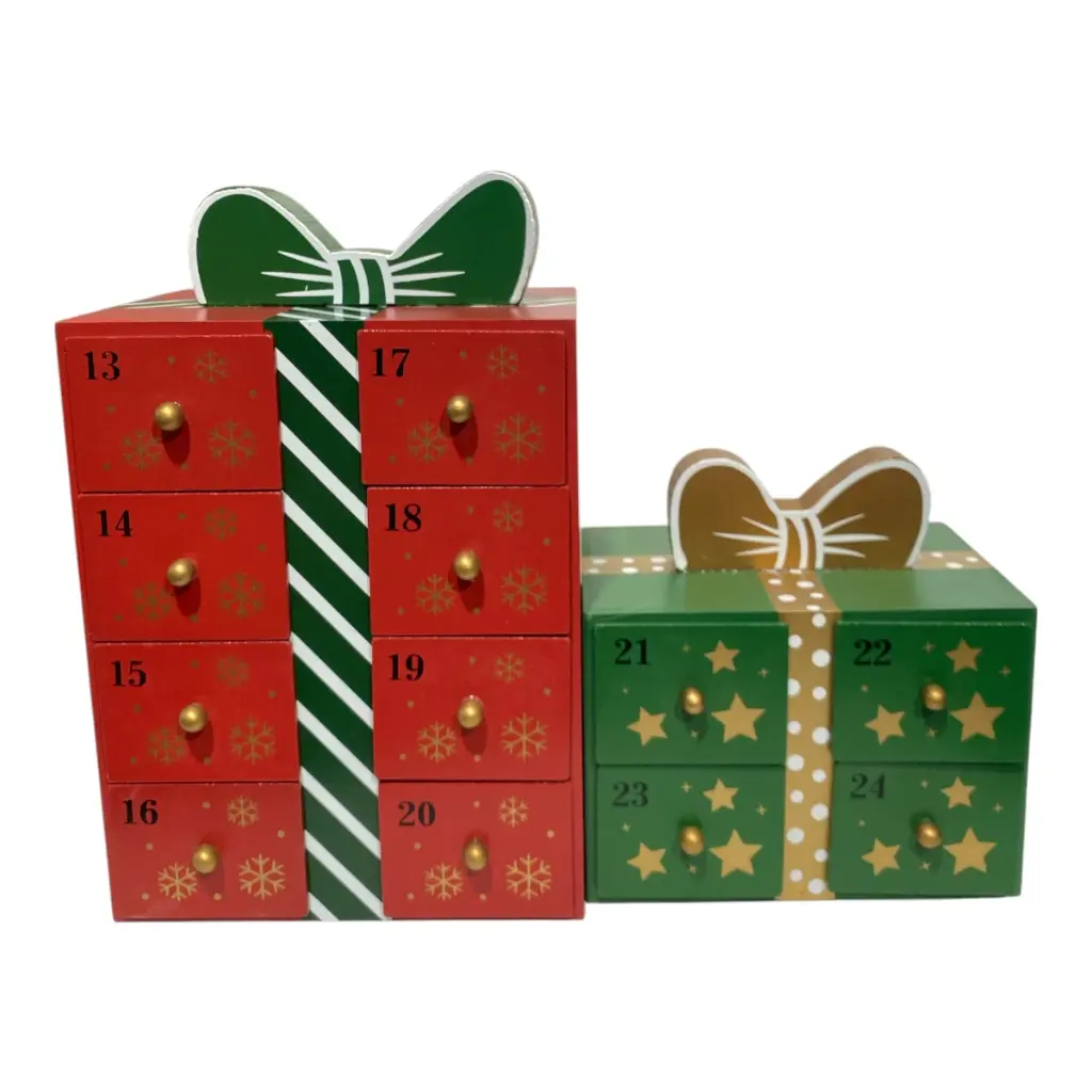 CALENDARIO NAVIDEÑO CAJA DE REGALO MADERA ROJO/VERDE 32X13X26CM