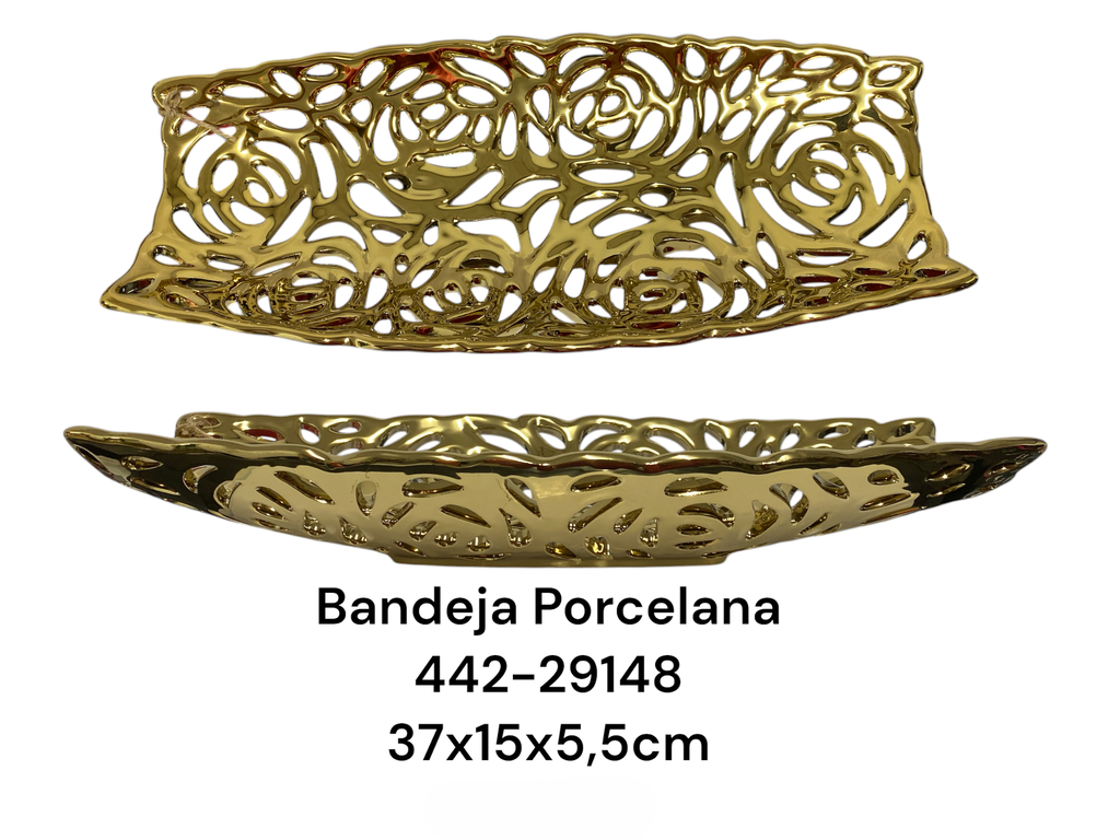 BANDEJA PORCELANA DORADA 37X15X5.5CM