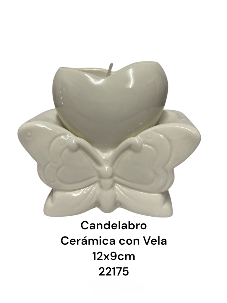 CANDELABRO CERAMICA BLANCO CON VELA 12X9CM