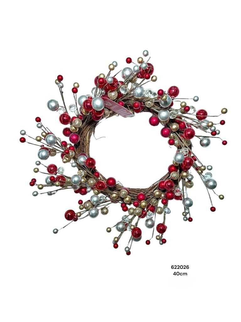 CORONA DE BEJUCO C/PERLAS ROJO/CHAMPAGNE 40CM