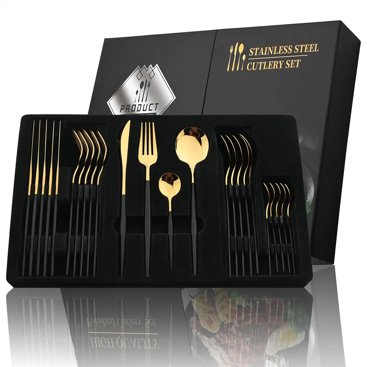 JUEGO DE CUBIERTOS DORADO/NEGRO 24PZAS