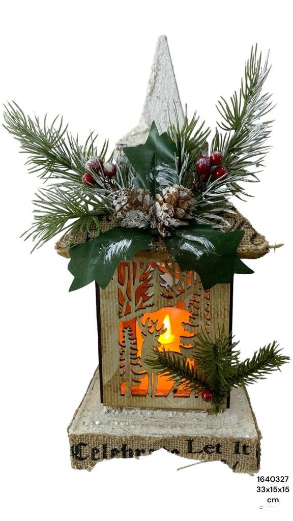 FAROL DE MADERA C/VELA LED 33X15X15CM