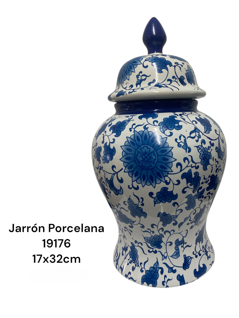 JARRON CON TAPA PORCELANA FLOREADO AZUL 17X32CM