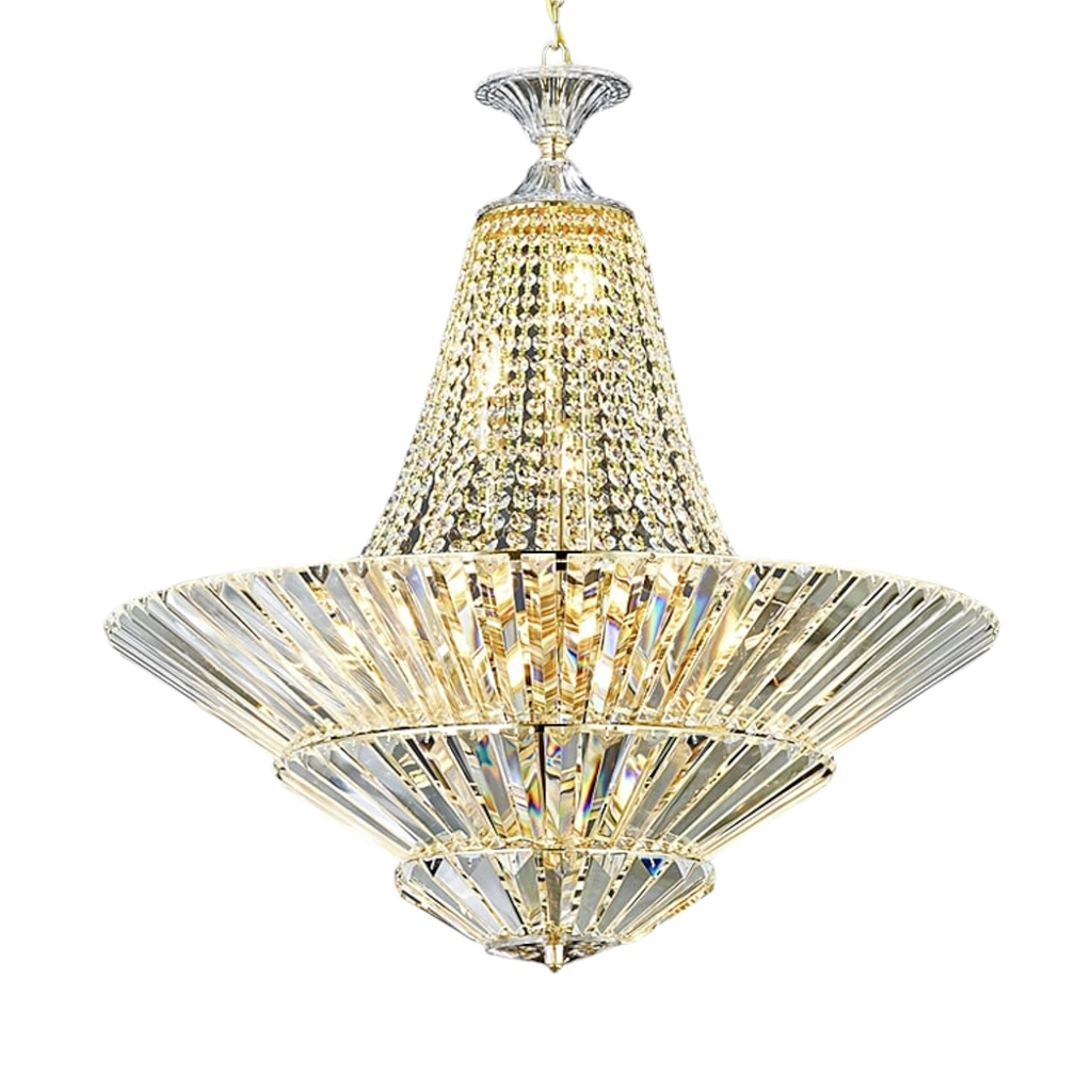 LAMPARA COLGANTE CON CADENAS Y CUERPO DE CRISTAL FORMA TRIANGULAR E14 D:69 H70CM