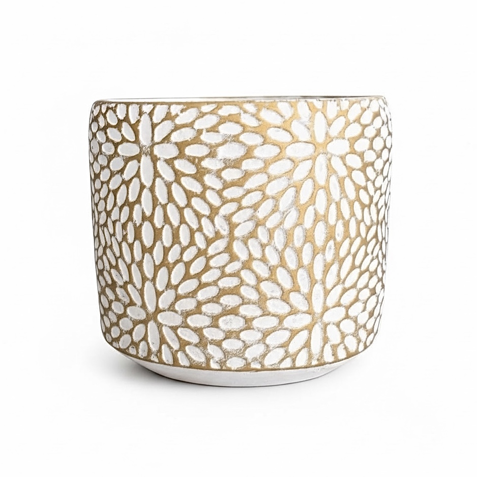 MACETA DORADA HOJAS BLANCAS MEDIANA CERAMICA 12X12CM