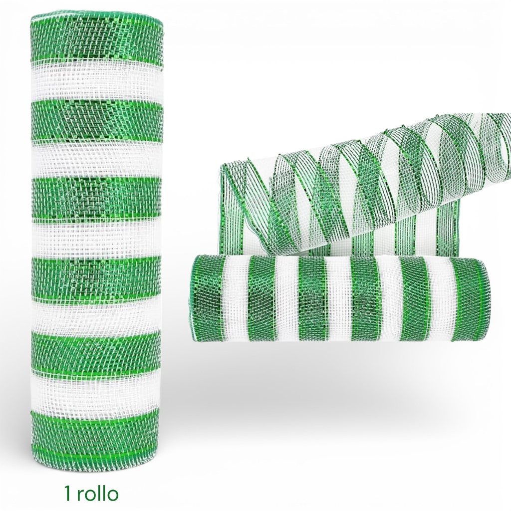 MALLA NAVIDEÑA BLANCO CON VERDE 53CMX10YDS