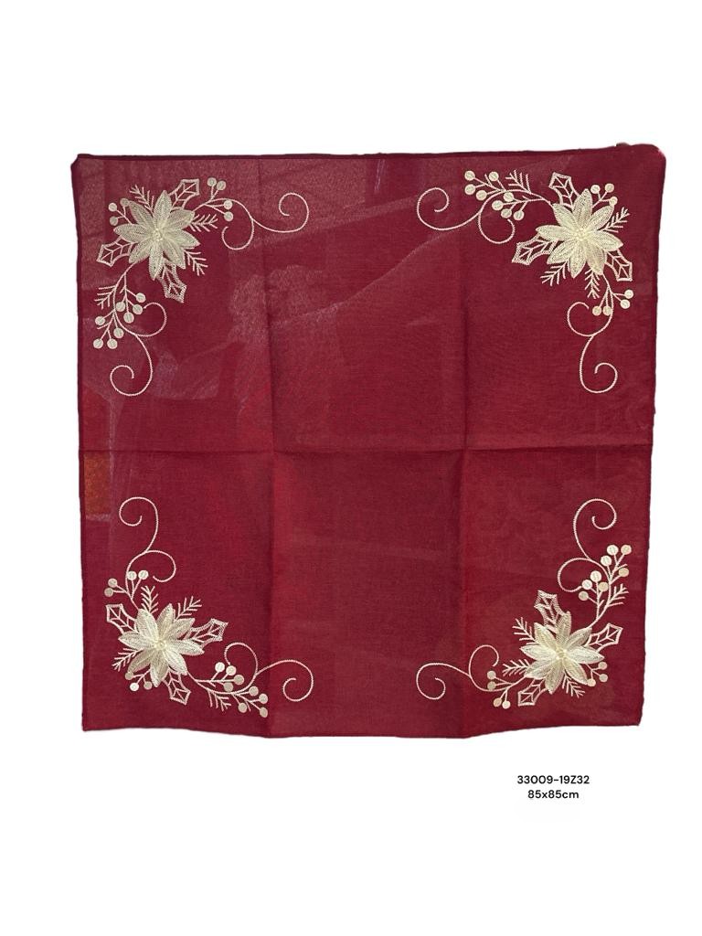MANTEL NAVIDEÑO CUADRADO DE HILO ROJO FLOR DORADA 85X85CM