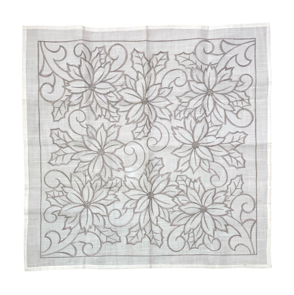 MANTEL NAVIDEÑO BLANCO PONSETIAS GRIS 85X85CM