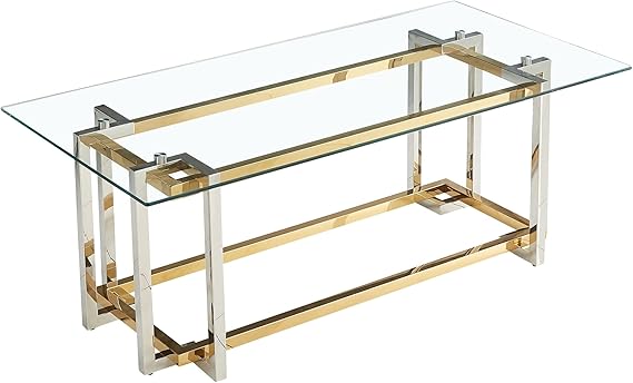 MESA DE SALA RECTANGULAR VIDRIO TEMPLADO Y HIERRO CROMADO DORADO CON PLATEADO 120X60X45CM
