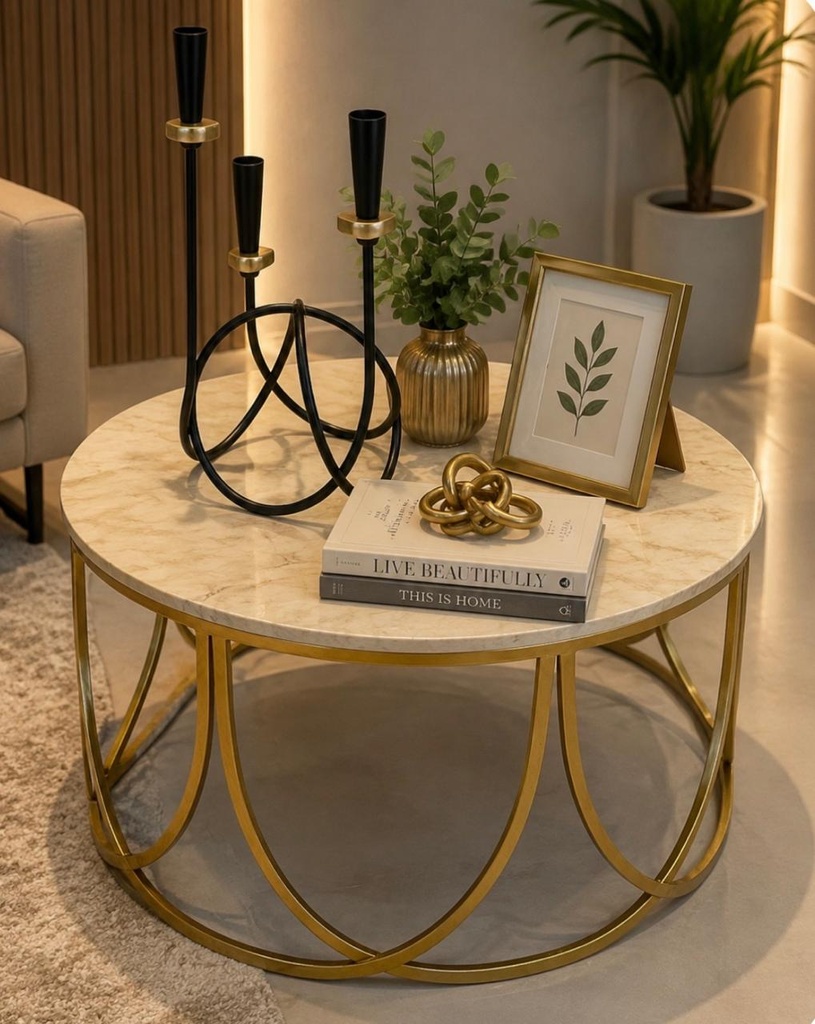 MESA DE CENTRO DISEÑO MARMOL PVC CON BASE DE HIERRO DORADO 65X37CM