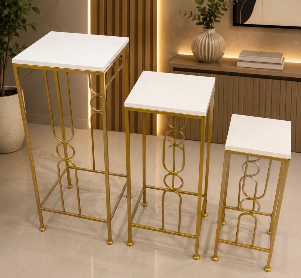 MESAS BLANCAS/DORADO SETx3, 70X28X28; 60X23X23; 50X18X18CM
