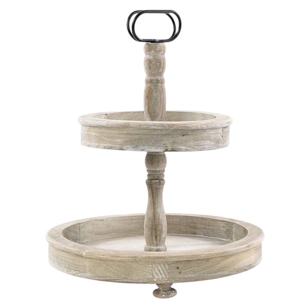 PORTA BOCADITOS 2 PISOS MADERA VINTAGE REDONDO 39X46CM