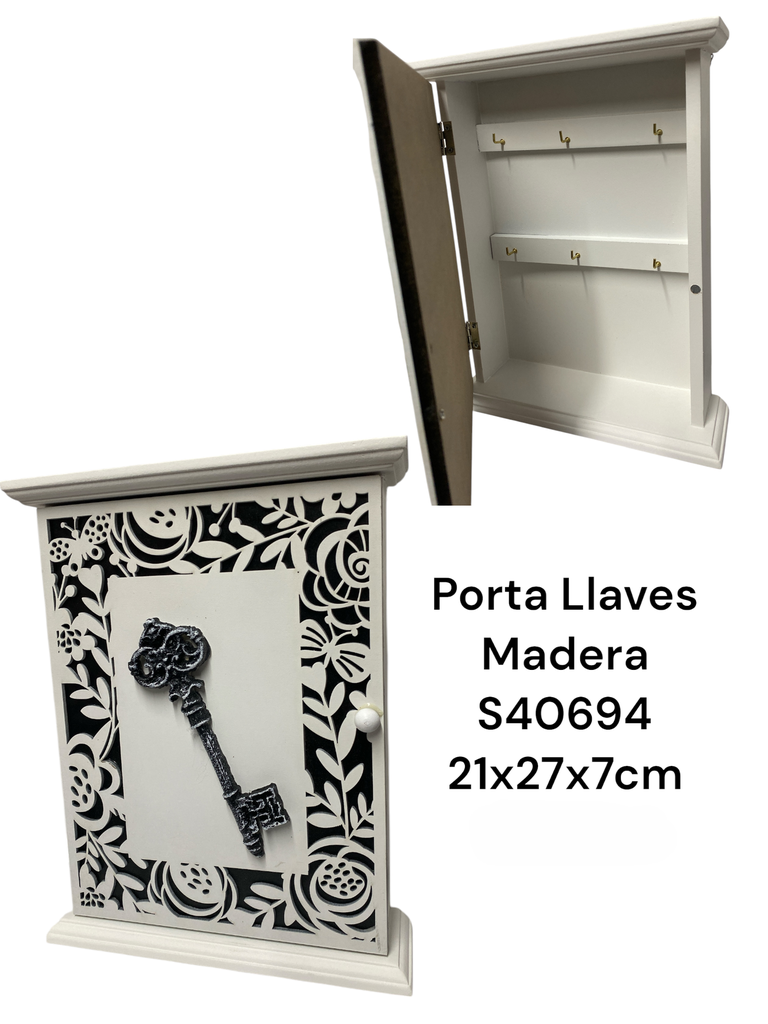 PORTA LLAVES DE MADERA BLANCO/NEGRO 21X27X7CM