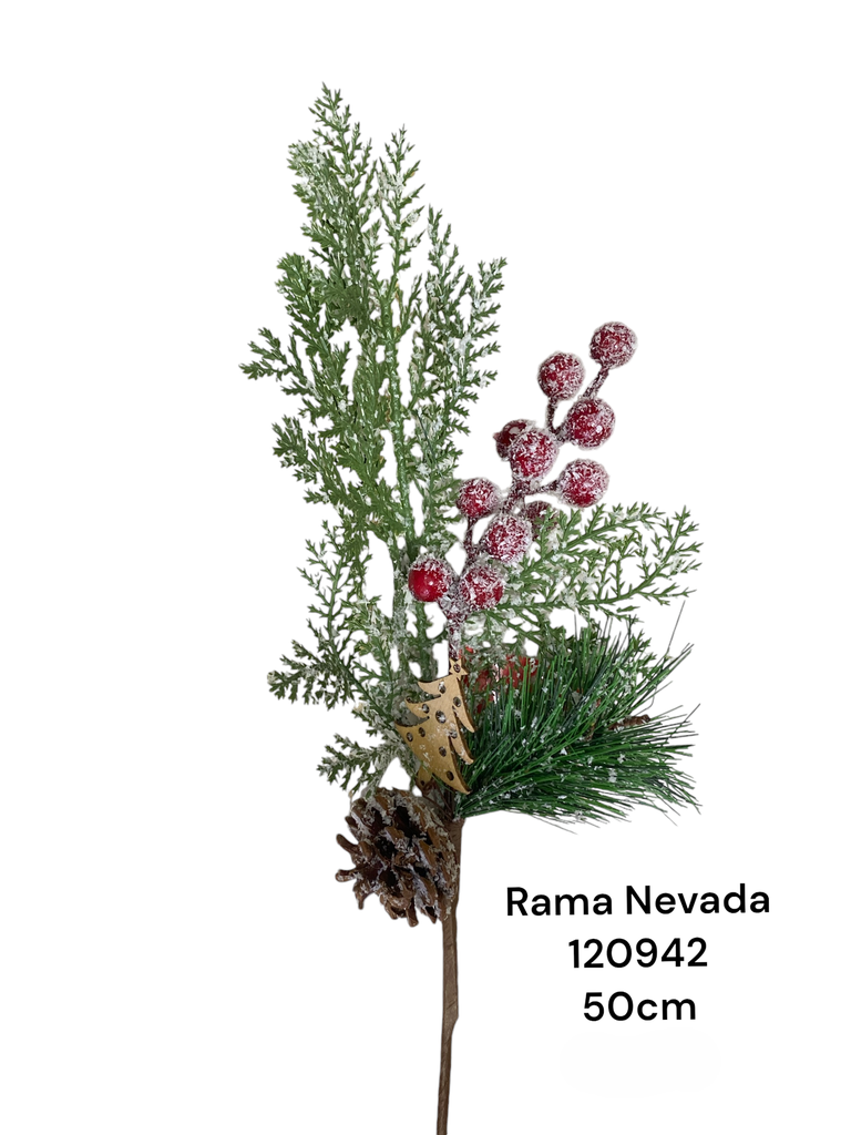 RAMA PINO NEVADO C/BOLITAS ROJO Y BELLOTA 50CM