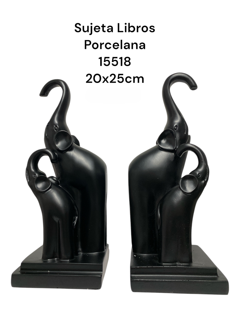 SUJETA LIBROS ELEFANTES PORCELANA NEGROS 20X25CM
