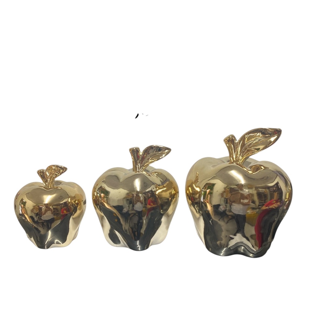 SET DE 3 MANZANAS CERAMICA DORADA 12X13, 9X11, 7X9CM