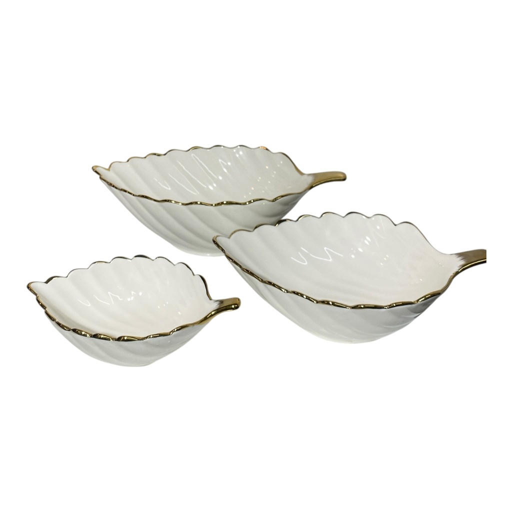 SET DE 3 POZUELOS DE CERAMICA BLANCO FILO DORADO 32X20X9CM, 26X17X7CM, 19.5X12X6CM.