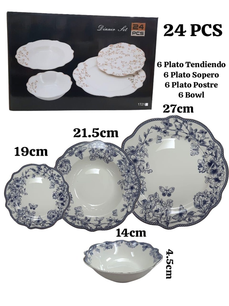 JUEGO DE VAJILLA PORCELANA BLUE DECOR 24PCS