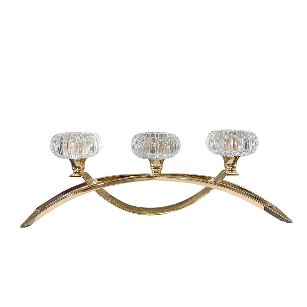 CANDELABRO DORADO METAL CROMADO, CON CRISTAL DE 3 VELAS, 42X14CM