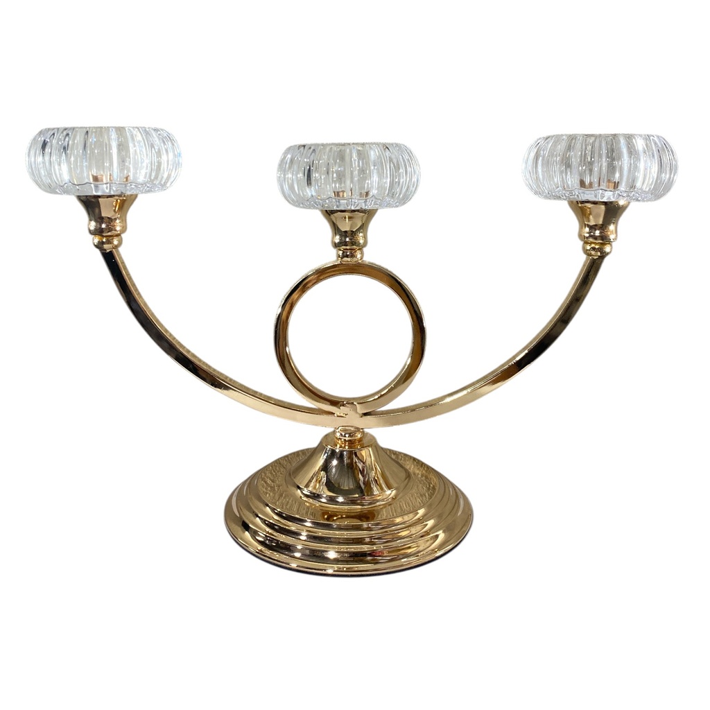 CANDELABRO DORADO METAL CROMADO, CON CRISTAL DE 3 VELAS, 35X22CM