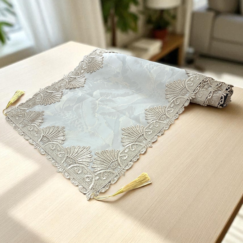 CAMINO DE MESA BEIGE C/BORLAS 10X107CM