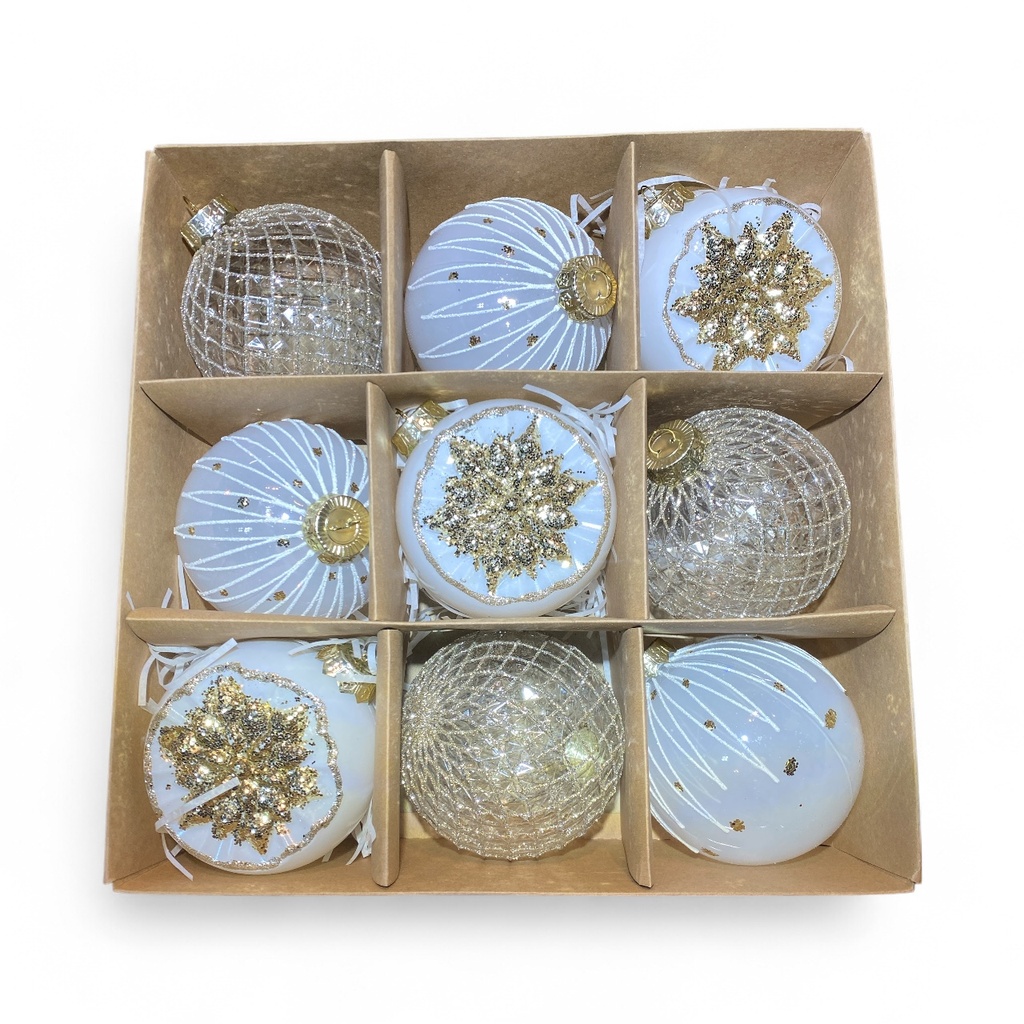 ESFERA NAVIDAD 10CM BLANCO/DORADO SETX9  REF:ES26664 (30X30X10CM)