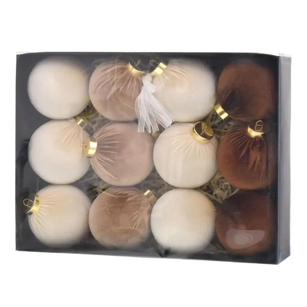 ESFERA NAVIDAD, BEIGE/CAFE GAMUZADAS X12PZS. REF:ES26670 32X24X8CM Ø8CM