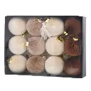 ESFERA NAVIDAD, BEIGE/CAFE GAMUZADAS X12PZS. REF:ES26670 32X24X8CM Ø8CM